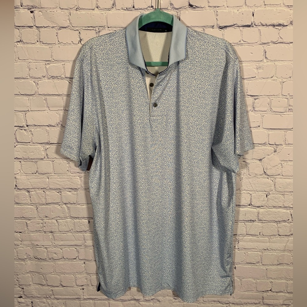 Greyson Mens Leopard Print Short Sleeve Golf Polo Blue White Sz XL Golf Prep